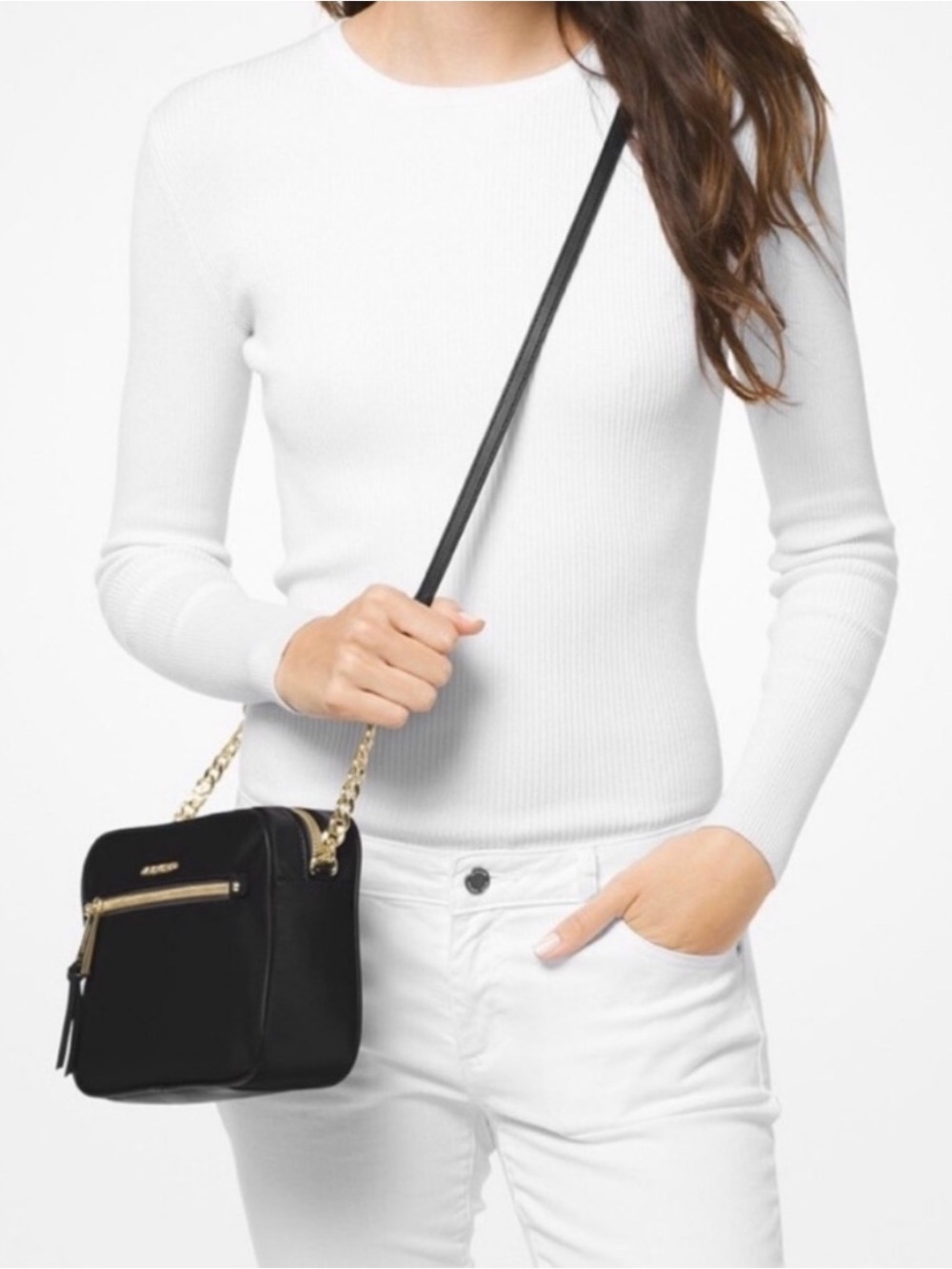 Michael Kors Black Leather Crossbody with Gold Chain Strap